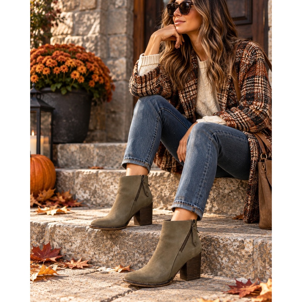 Blondo Nivada Waterproof Leather Ankle Boots Size 8 Taupe Block‎ Heel Booties